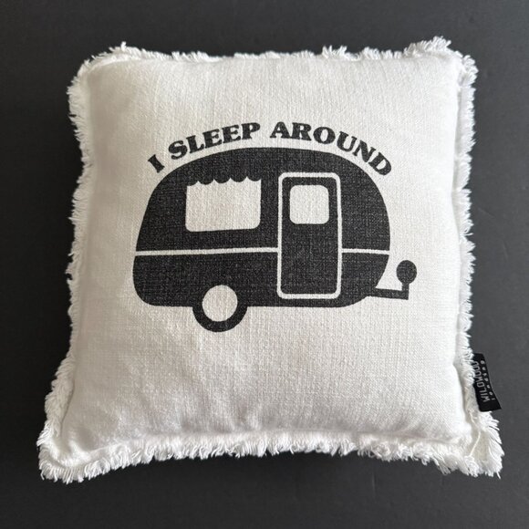 I Sleep Around Camper Throw Pillow By Wildwood Landing Removable Cover Fringe - Picture 1 of 5